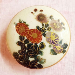Older Japanese Porcelain Satsuma Sewing Button ~  Hand Painted Flowers w/ Gold Trim ~ just under 1-1/4&quot; 31mm