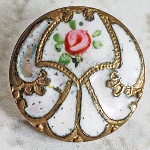 Charming Antique Emaux Peints Champleve Enamel Button ~ Rose Flower Posy ~ just over 7/16"