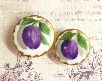 Antique Mother Daughter Porcelain Fruit Stud Buttons ~ Hand Painted Purple Plums