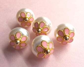 5 Diminutive White Pearlized Buttons w/ Pink & Gold Flower Escutcheon ~ 3/8"