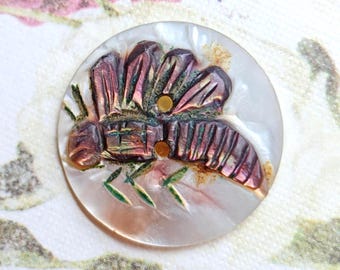 Antique Cameo Carved Pearl Shell Insect Bee Picture Button ~ 11/16" 17mm