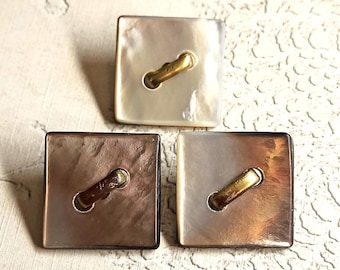 3 Antique Carved Square Pearl Shell Buttons ~ almost 1" 25mm ~ Imitation Sew Through