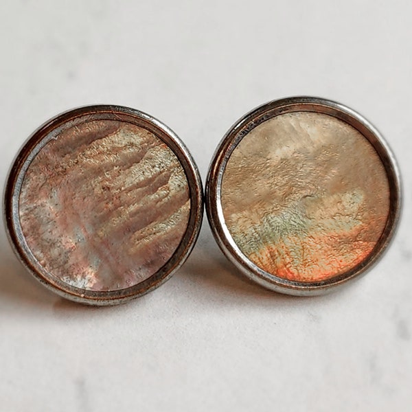 2 Antique Waistcoat Buttons w/ Iridescent Mother of Pearl Center ~ 9/16" ~ Fine Quality Backmark