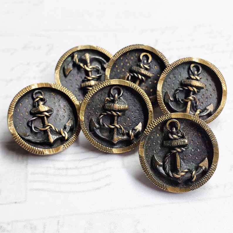 Set of 6 Vintage Brass Anchor Buttons Heavy One Piece Etsy