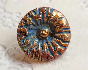 Vintage 1 Pc Copper Look Metal Sewing Button ~ Realistic Flower w/ Blue-Green "Patina" ~ just under 11/16"