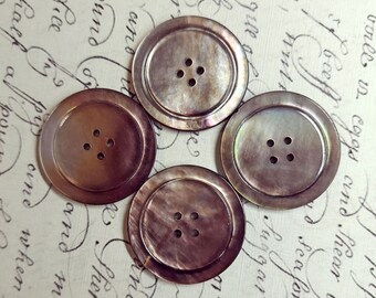 Beautiful Set of 4 Large Antique Smoky Oyster Shell Coat Buttons w/ Subtle Rosy Hue ~ Iridescent Mother of Pearl MOP ~ 1-7/16" 37mm