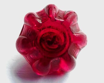 Antique Cranberry Red Glass Jello Pudding Mold Swirlback Charmstring Button ~ just over 3/8"