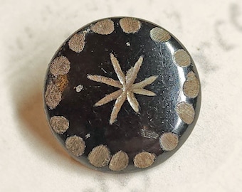Unusual Antique Engraved & Japanned 1 Pc Steel Sewing Button ~ Starburst with Circle Dots Border ~ just under 3/4"