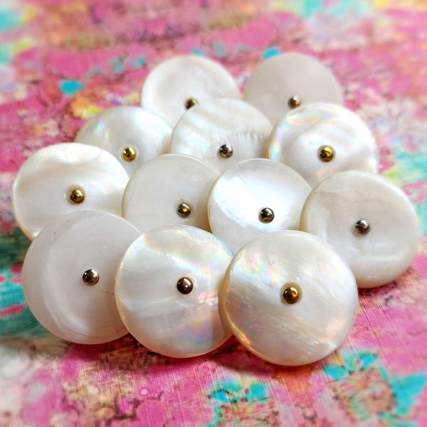12 Vintage Lustrous 1940s White Mother of Pearl Pin Shank Sewing Buttons ~ Shell MOP w/ Brass Pinshank ~ Approx 7/8"
