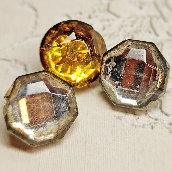 3 Vintage 2 Pc Czech Faceted Mirror Back Glass Sewing Buttons ~ Paste Rhinestone Jewels ~ 1/2" ~ Applied Glass Shanks