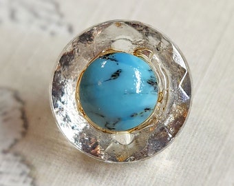 Antique Crystal Clear Colorless Faceted Glass Button ~ Marbled Turquoise Glass Escutcheon ~ just under 1/2" 12mm