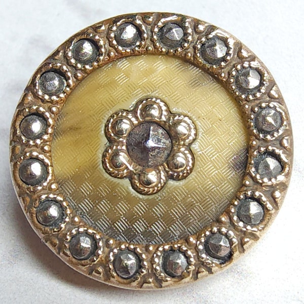 Antique Pierced Celluloid Button ~ Perforate Stick-up w/ Brass & Faceted Steel ~ Facet Cut Steels Border ~ just over 9/16"