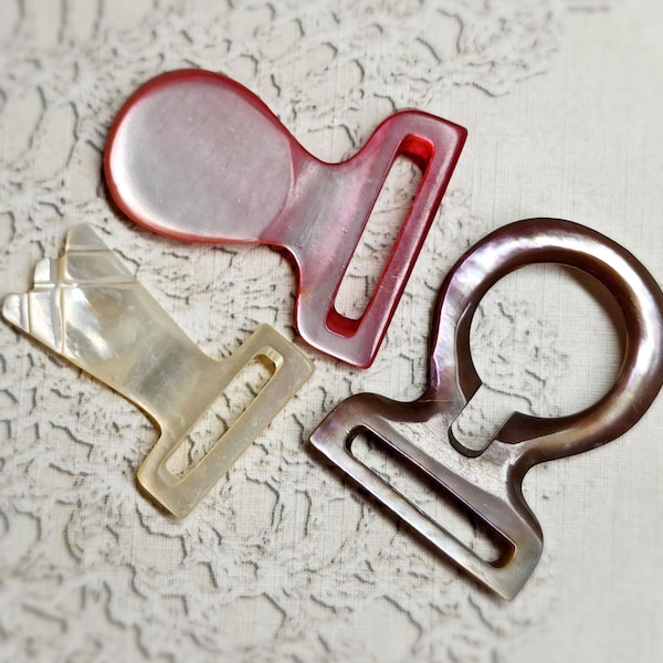 Group of 3 Vintage Carved Mother of Pearl Shell MOP Buckle Parts ~ Half Buckles for Crafts Assemblages Altered Art Jewelry & more