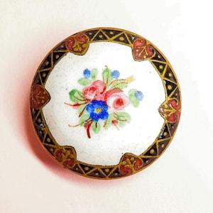 Antique Brass Champleve Enamel Stud Button w/ Emaux Peints Flowers ~ under 15/16"