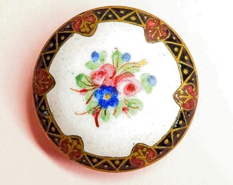 Antique Brass Champleve Enamel Stud Button w/ Emaux Peints Flowers ~ under 15/16"