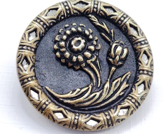 Antique Pierced Brass Flower Picture Button ~ Diamonds Twinkle Border ~ just over 1" 26mm