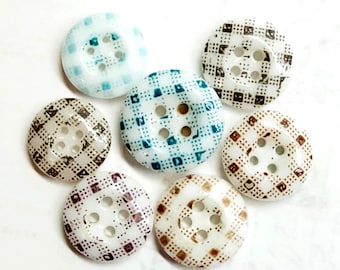 7 Antique China Calico Buttons ~ Plaid Pattern 55 ~ Mixed Colors ~ 3/8" to 1/2"
