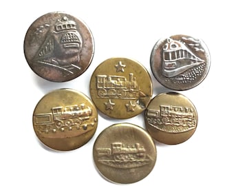 6 Antique Railroad Railway Workwear Train Steam Engine Picture Buttons & Studs