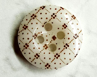 Antique China Calico Button ~ Brown on White ~ Grids Pattern 54 ~ Small 7/16"