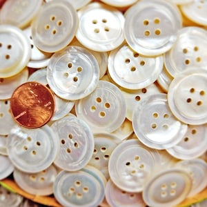 May include: A close-up of a pile of white mother-of-pearl buttons. The buttons have four holes each and are arranged in a random pattern. A penny is visible in the center of the image.