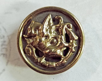 Winged Dragon ~ Antique Pierced Brass Picture Button ~ Dark Tinted Background ~ just under 11/16"