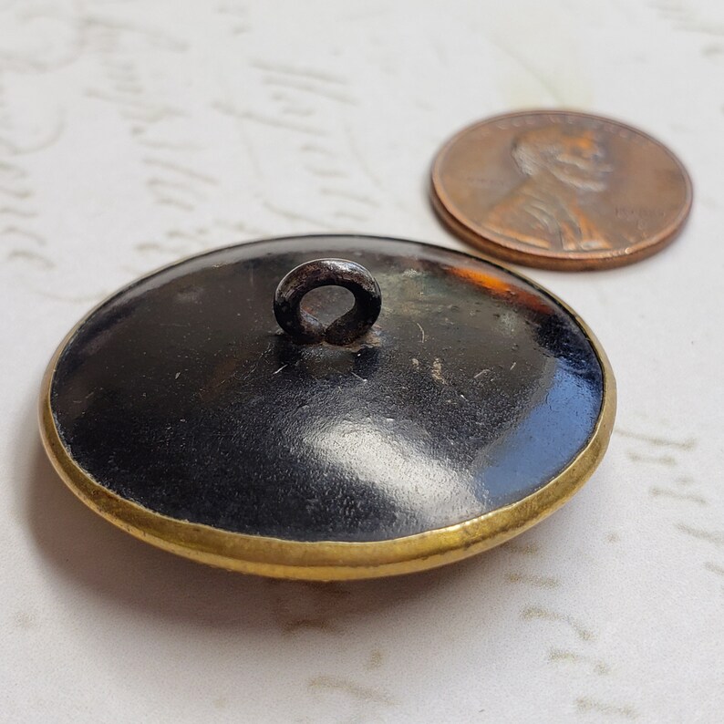 Large Antique Pierced Brass Flower Button ~ Floral Bouquet /& Scrolls over Tinted Background ~ 1-516 inch 33mm ~ Coat Button