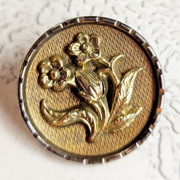 Nice Antique Flower Picture Button ~ Stamped Brass Escutcheon over Textured Metal Background ~ 1-1/8" 29mm