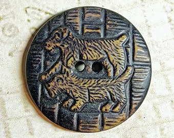 Two Scotties ~ Large Vintage Buffed Celluloid Animal Picture Button ~ Scottish Terrier Scotty Dogs ~ 1-5/16"