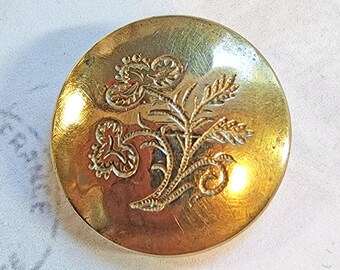 Antique 1800s Golden Age 1 Pc Convex Brass Button ~ Engraved Floral ~ almost 13/16" ~ Standard Colour Backmark