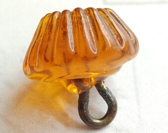 Antique Orange Amber Glass Jello Pudding Mold Swirlback Charmstring Button ~ under 7/16"