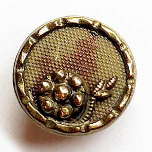 May include: A round, antique brass button with a textured background and a raised floral design. The button features a detailed border and a cluster of small, round shapes, possibly berries, with a sprig of leaves.