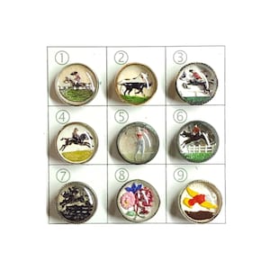 Choice ~ Antique Reverse Painted Intaglio Glass Waistcoat Picture Buttons ~ 9/16" ~ Steeplechase Golfer Flowers Horse & Rider Bird