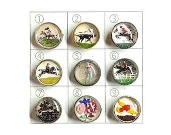Choice ~ Antique Reverse Painted Intaglio Glass Waistcoat Picture Buttons ~ 9/16" ~ Steeplechase Golfer Flowers Horse & Rider Bird