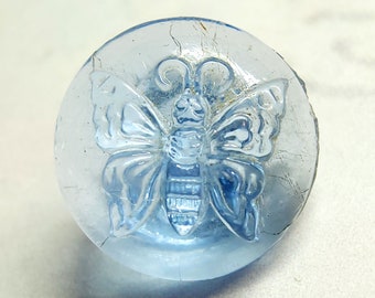 Butterfly or Moth ~ Vintage Clear Transparent Icy Blue Glass Insect Picture Button ~ 7/16"