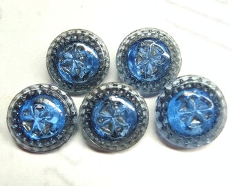 Very Nice Set of 5 Transparent Clear Steel Blue Glass Sewing Buttons ~ Back Painted Border ~ just over 3/8"