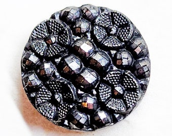 Antique Black Glass Sewing Button ~ Silver Luster Flowers Border ~ 1/2" ~ John Deknatel Backmark Pat'd Dec 28 1880