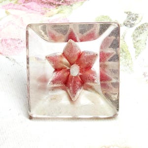 Vintage Square Clear Lucite Button ~ Reverse Carved Star Flower w/ Rose Pink Tint ~ 13/16"