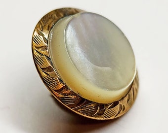 Antique Gilt Brass Waistcoat Button w/ Mother of Pearl Center & Engraved Rim ~ just over 9/16" ~ Backmark