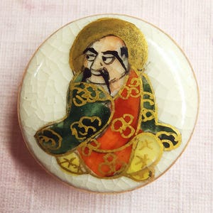 Vintage Satsuma Sewing Button ~ Hand Painted Japanese God Deity w/ Gold Trim on Porcelain ~ just over 11/16&quot; 18mm