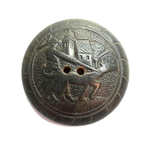 Lady Walking Dog ~ Large Vintage Burwood Syroco Wood Picture Button ~ 1-7/16"