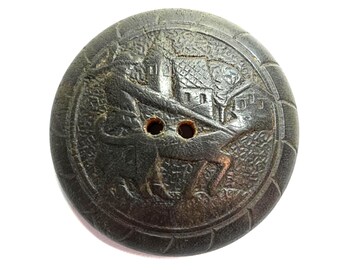 Lady Walking Dog ~ Large Vintage Burwood Syroco Wood Picture Button ~ 1-7/16"