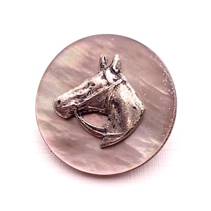 Antique Horse Head Animal Picture Button ~ White Metal on Smoky Oyster Shell ~ 11/16"