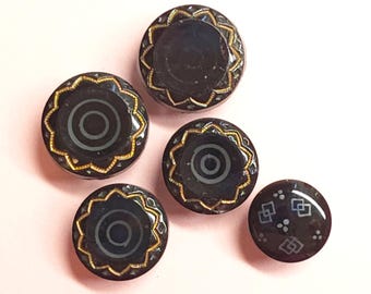 Group of 5 Antique Acid Etched Black Glass Sewing Buttons ~ 1/2" to over 11/16"