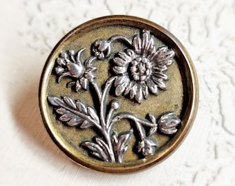 Daisies ~ Antique Flower Picture Coat Button ~ Pewter over Textured Brass Background ~ Brass Collet ~ almost 1-1/16" 27mm