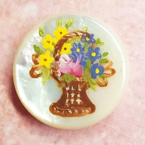 Antique Hand Painted Mother of Pearl Picture Button ~ Colorful Flower Basket on Creamy White Shell MOP ~ almost 1&quot; 25mm