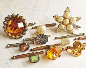 Vintage Antique Single Spring Back Tuxedo Cuff Shirt Studs Cufflinks ~ 10 Mixed: Brass Clover Glass Pastes Jewels Carved Pearl etc