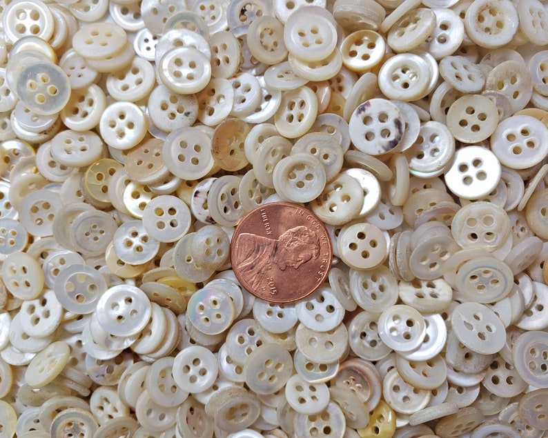 50 Tiny Vintage 1940s Dimi Mother of Pearl Doll Buttons MOP Shell Diminutives All 3/8 or less Baby Christening Slow Stitch image 1