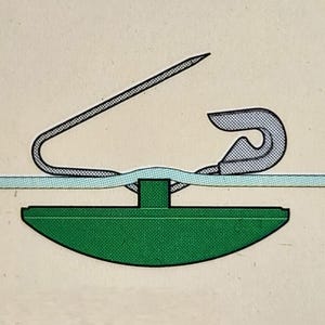 May include: A green safety pin with a metal clasp and a silver pin. The pin is attached to a green plastic base.