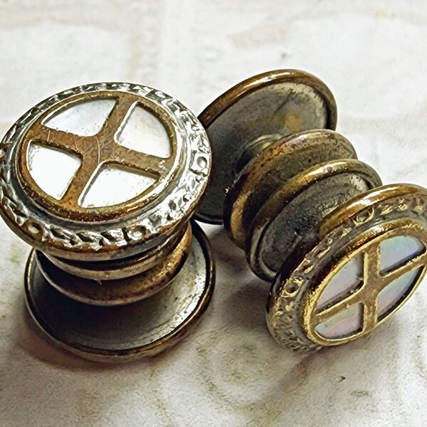 Antique Double Ended Snap Cuff Links ~ Mother of Pearl Shell MOP in Brass & White Metal Setting