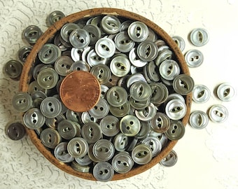 25 Vintage Dimi Smoky Oyster Shell Cat Eye Baby Doll Buttons ~ 3/8" ~ Gray Black Mother of Pearl MOP Diminutives